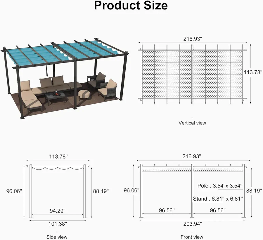 PURPLE LEAF Large Size Outdoor Pergola with Retractable Canopy Aluminum Shelter for Porch Garden Beach - Image 154