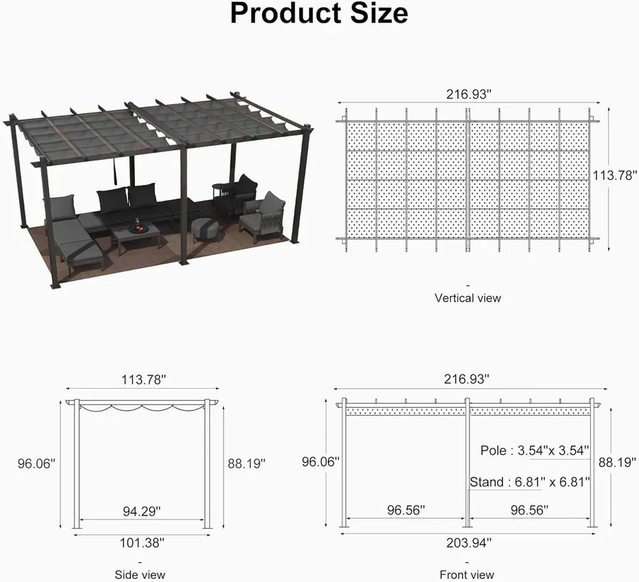 PURPLE LEAF Large Size Outdoor Pergola with Retractable Canopy Aluminum Shelter for Porch Garden Beach - Image 155
