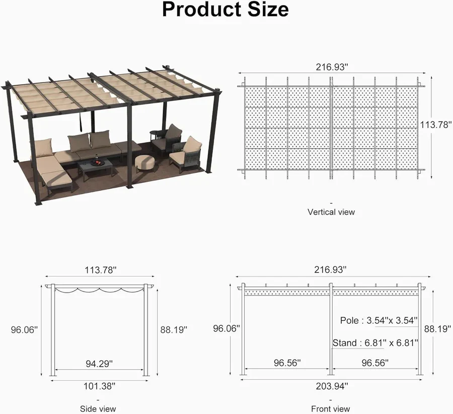 PURPLE LEAF Large Size Outdoor Pergola with Retractable Canopy Aluminum Shelter for Porch Garden Beach - Image 156