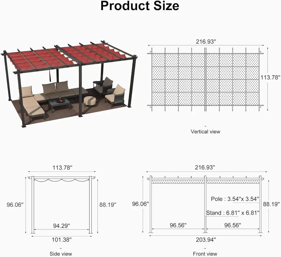 PURPLE LEAF Large Size Outdoor Pergola with Retractable Canopy Aluminum Shelter for Porch Garden Beach - Image 157
