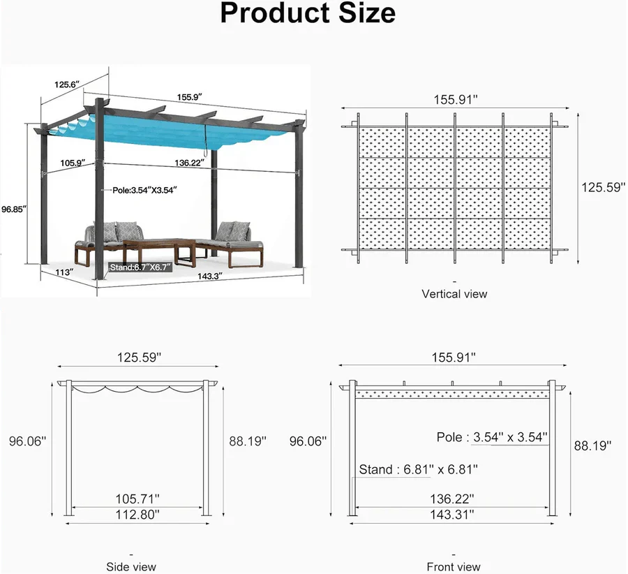 PURPLE LEAF Large Size Outdoor Pergola with Retractable Canopy Aluminum Shelter for Porch Garden Beach - Image 158