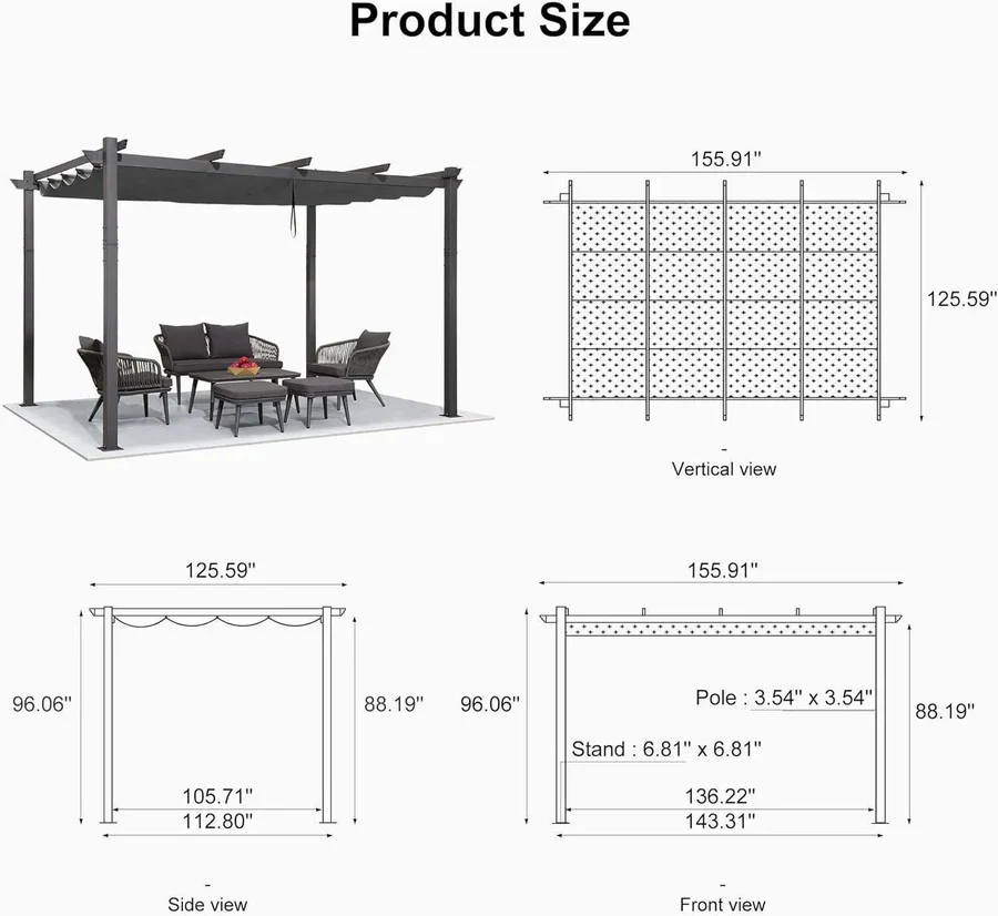 PURPLE LEAF Large Size Outdoor Pergola with Retractable Canopy Aluminum Shelter for Porch Garden Beach - Image 159