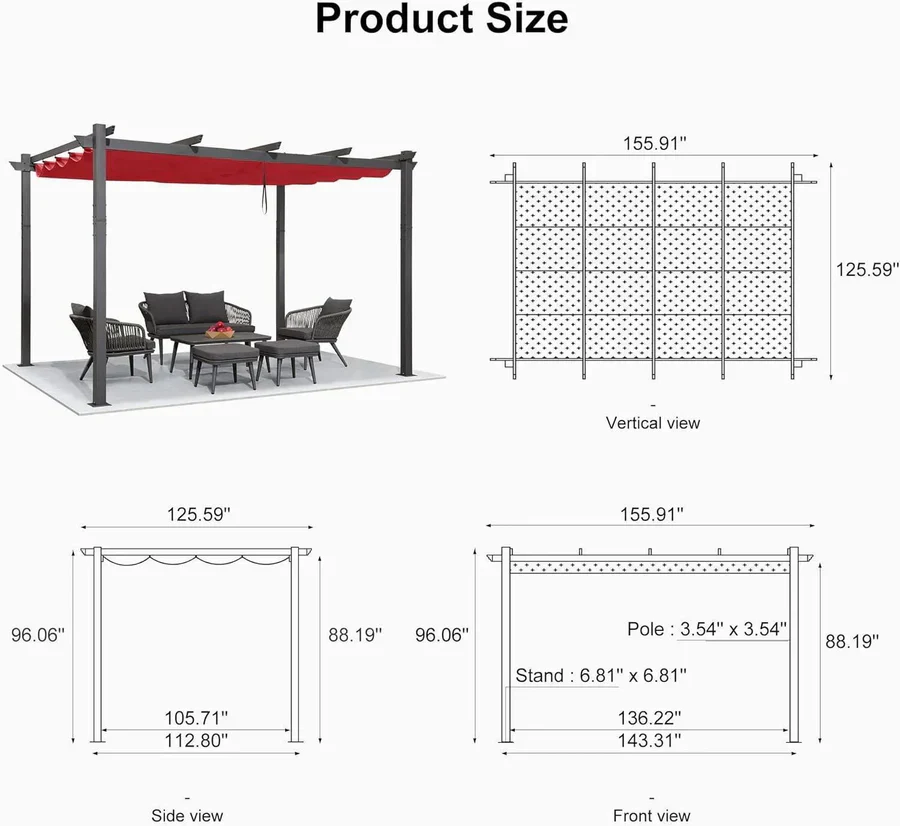 PURPLE LEAF Large Size Outdoor Pergola with Retractable Canopy Aluminum Shelter for Porch Garden Beach - Image 161