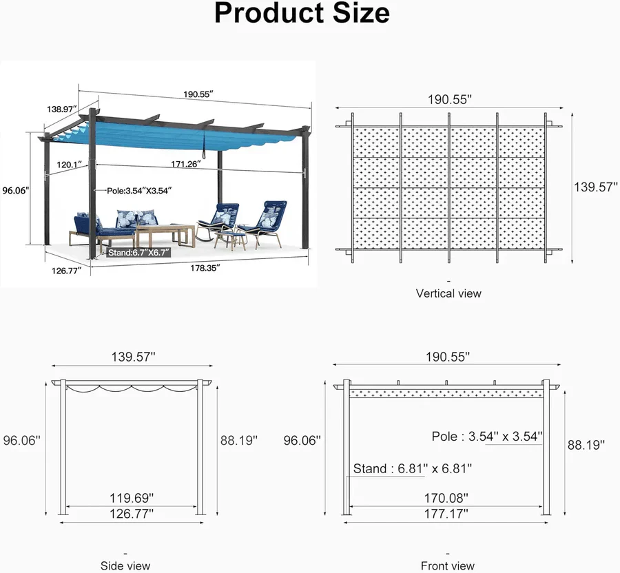 PURPLE LEAF Large Size Outdoor Pergola with Retractable Canopy Aluminum Shelter for Porch Garden Beach - Image 162