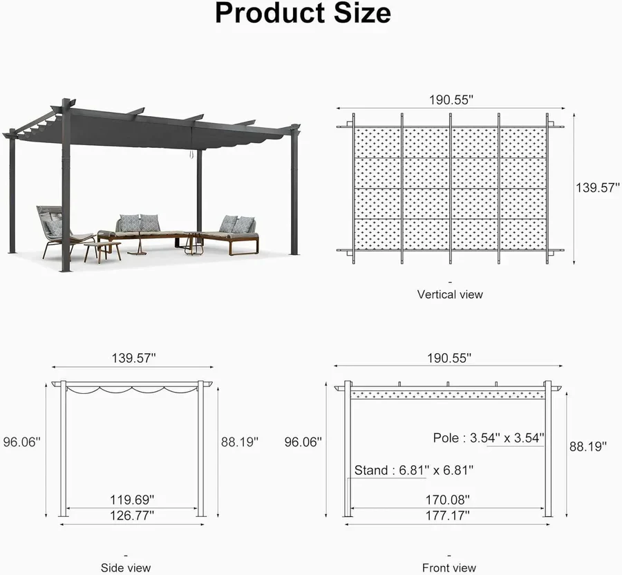 PURPLE LEAF Large Size Outdoor Pergola with Retractable Canopy Aluminum Shelter for Porch Garden Beach - Image 163