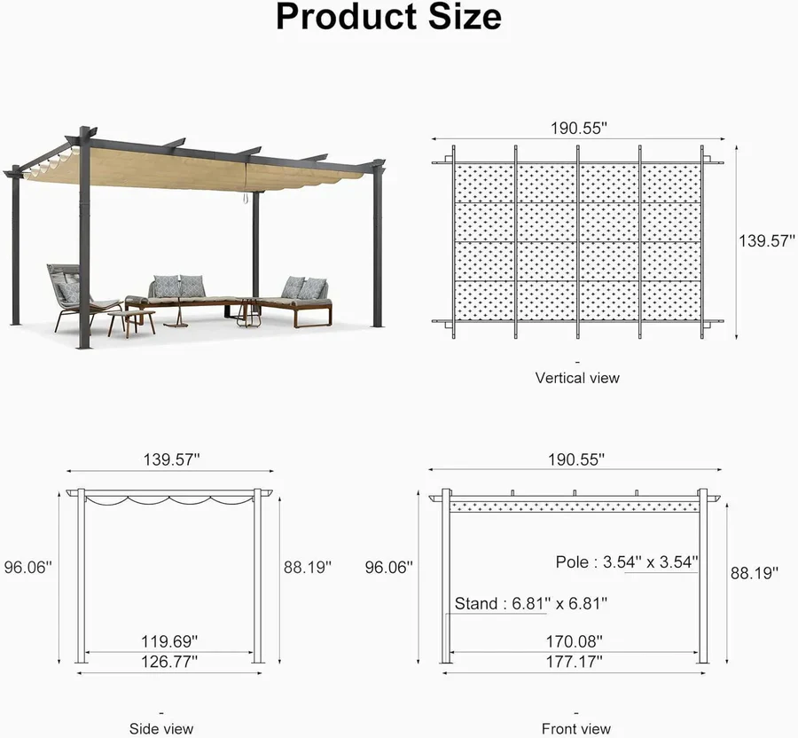 PURPLE LEAF Large Size Outdoor Pergola with Retractable Canopy Aluminum Shelter for Porch Garden Beach - Image 164