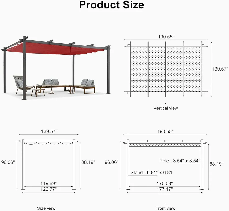 PURPLE LEAF Large Size Outdoor Pergola with Retractable Canopy Aluminum Shelter for Porch Garden Beach - Image 165