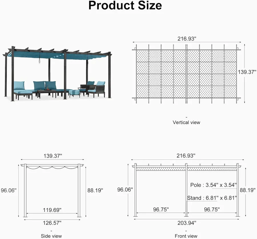 PURPLE LEAF Large Size Outdoor Pergola with Retractable Canopy Aluminum Shelter for Porch Garden Beach - Image 166