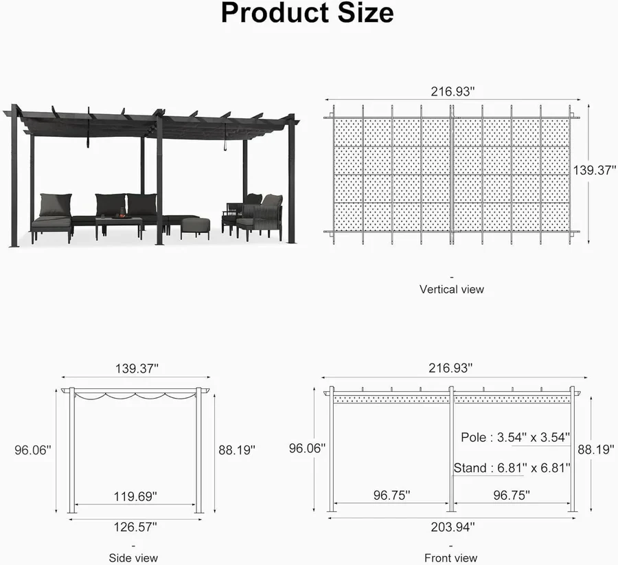 PURPLE LEAF Large Size Outdoor Pergola with Retractable Canopy Aluminum Shelter for Porch Garden Beach - Image 167