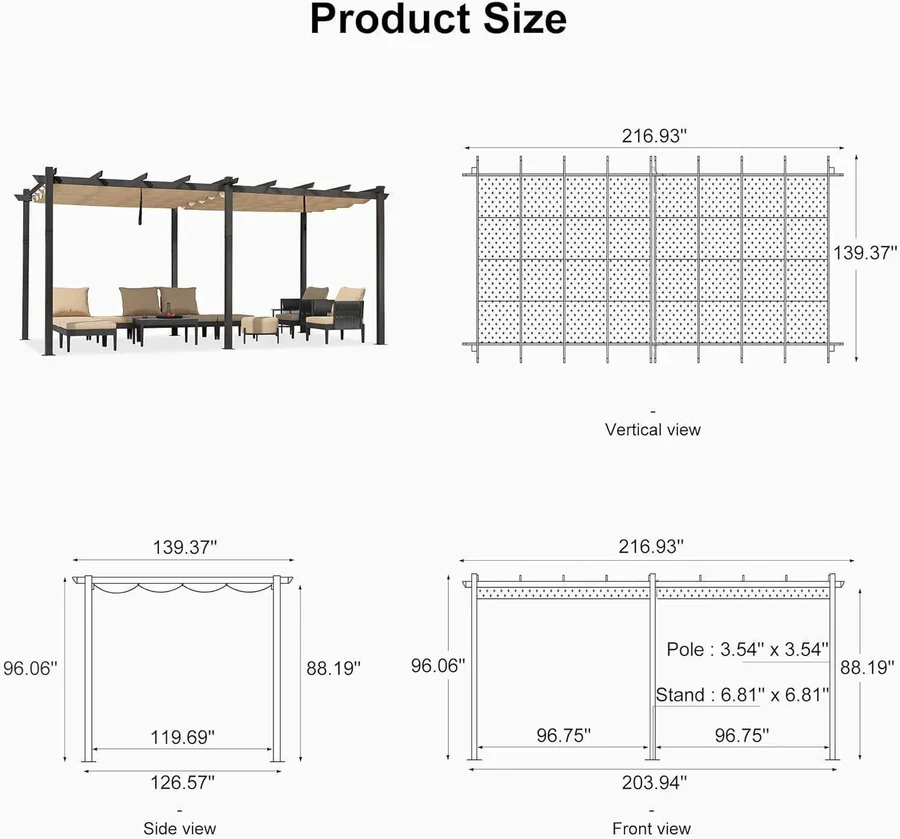 PURPLE LEAF Large Size Outdoor Pergola with Retractable Canopy Aluminum Shelter for Porch Garden Beach - Image 168