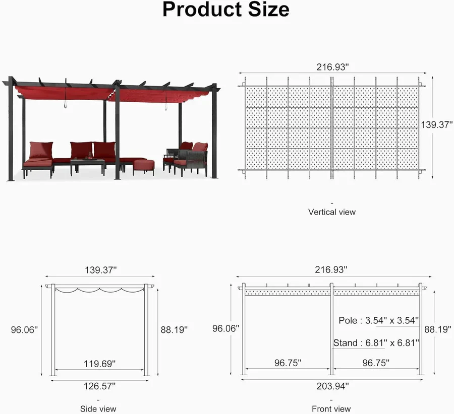 PURPLE LEAF Large Size Outdoor Pergola with Retractable Canopy Aluminum Shelter for Porch Garden Beach - Image 169