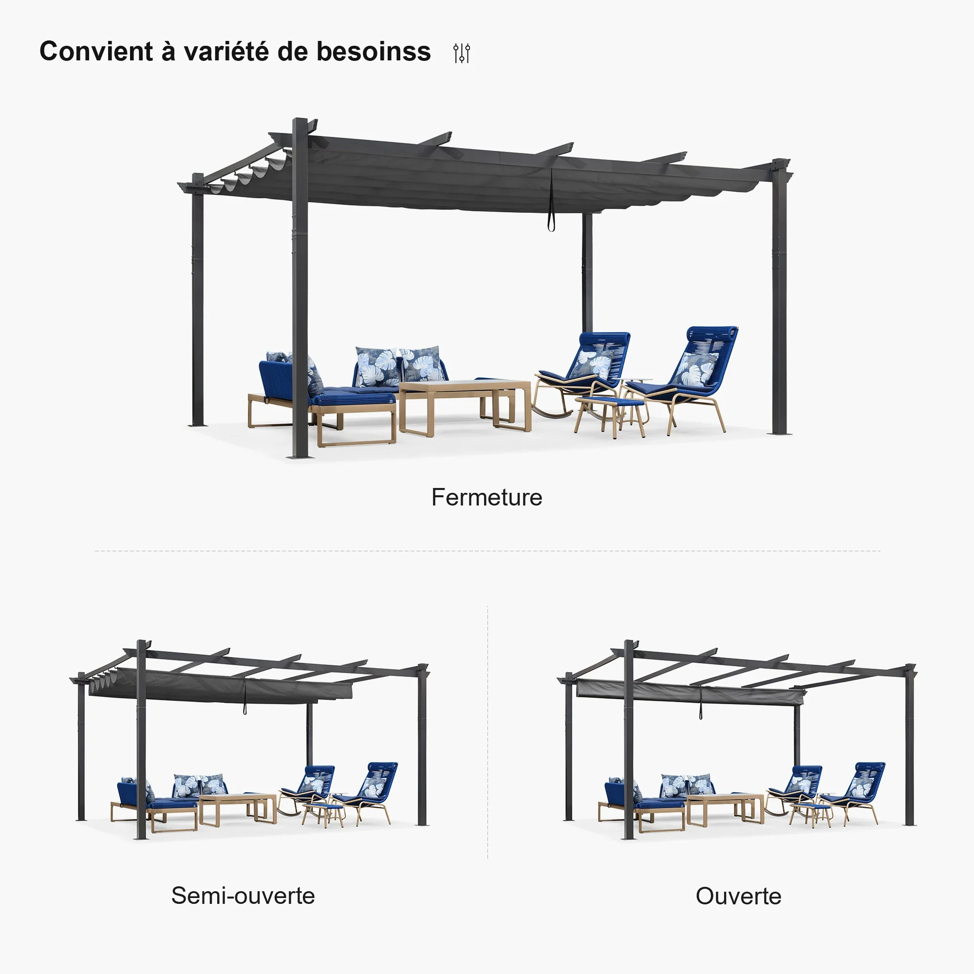 PURPLE LEAF Large Size Outdoor Pergola with Retractable Canopy Aluminum Shelter for Porch Garden Beach - Image 70