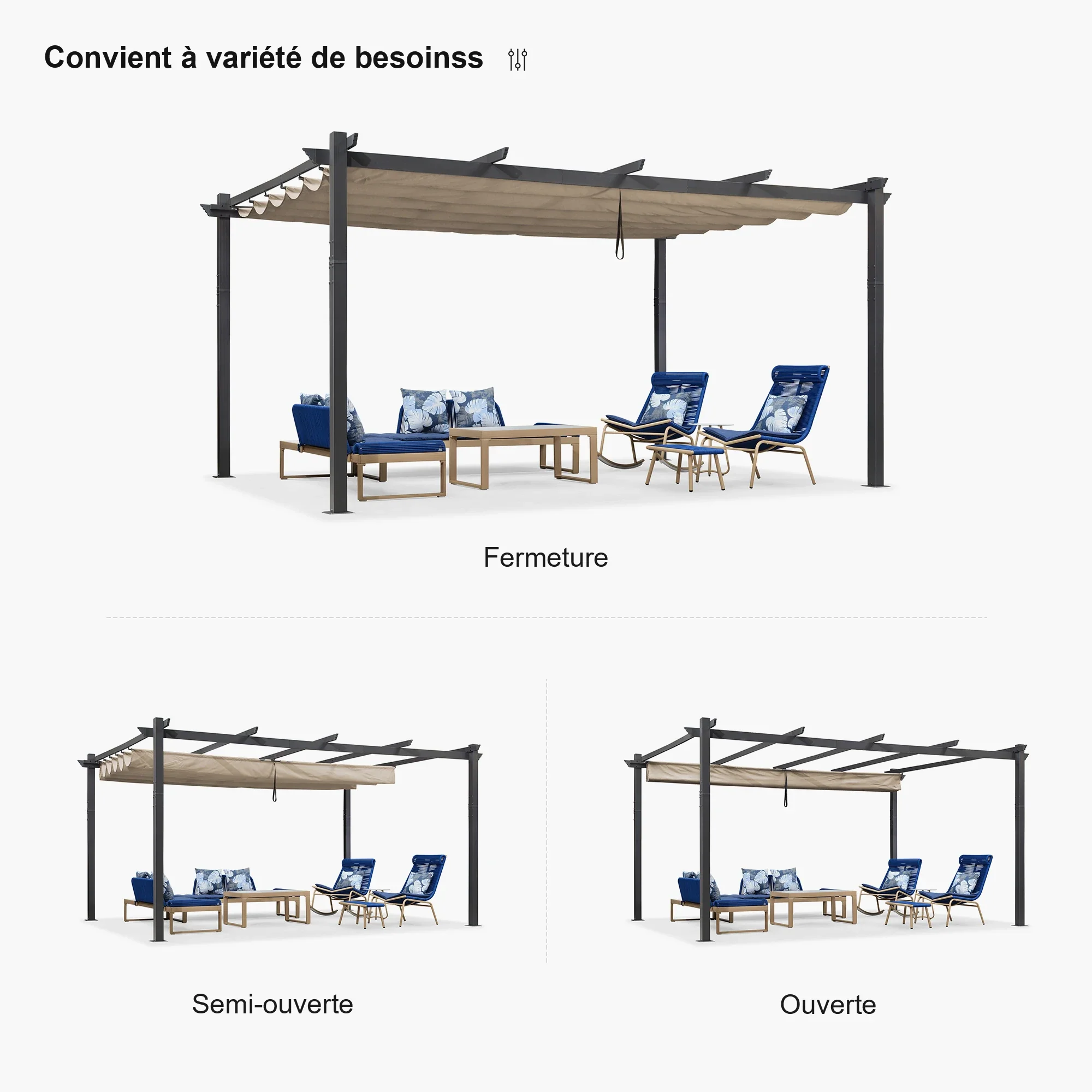 PURPLE LEAF Large Size Outdoor Pergola with Retractable Canopy Aluminum Shelter for Porch Garden Beach - Image 75