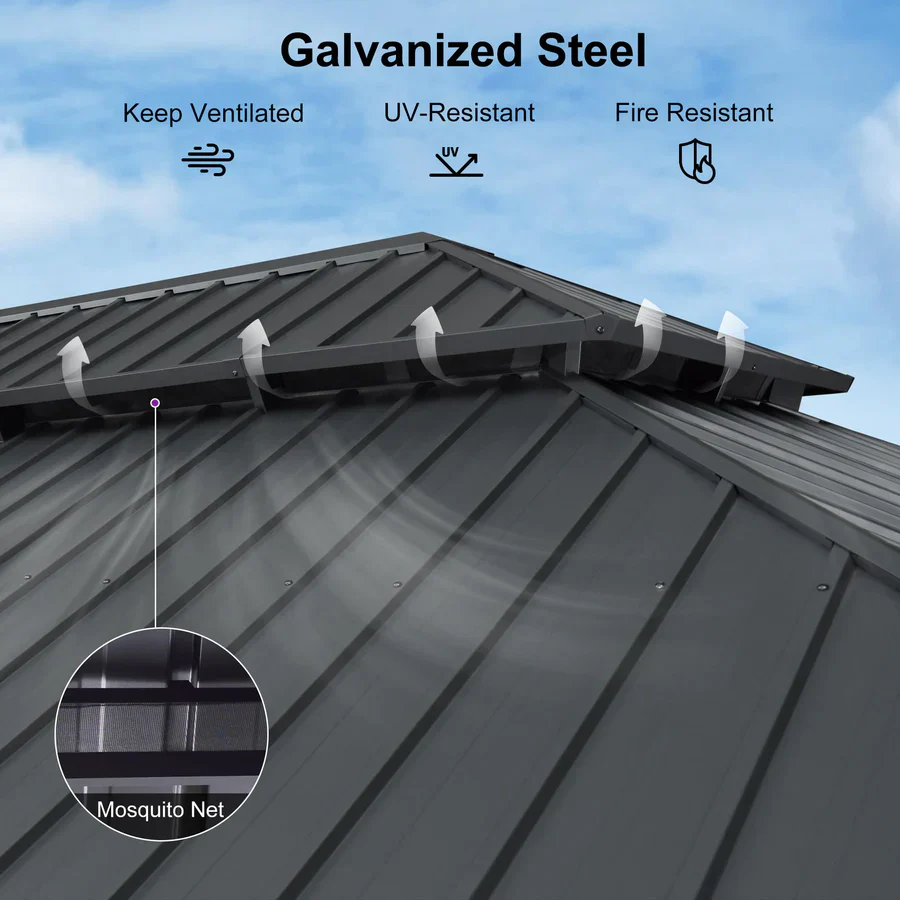 PURPLE LEAF 3.65 x 4.85 M Patio Gazebo for Backyard Grey Hardtop Galvanized Steel Roof Awning with Upgrade Curtain - Image 10