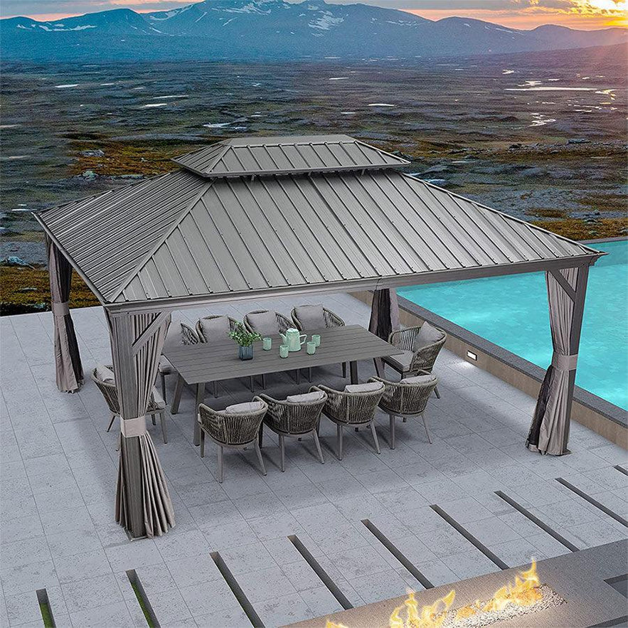 PURPLE LEAF 3.65 x 4.85 M Patio Gazebo for Backyard Grey Hardtop Galvanized Steel Roof Awning with Upgrade Curtain - Image 4