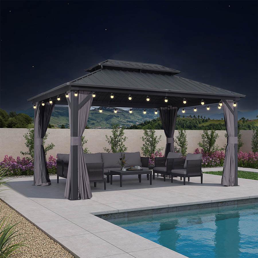 PURPLE LEAF Grey Hardtop Gazebo with Heavy Duty Galvanized Steel Double Roof with String Lights-clear - Image 4