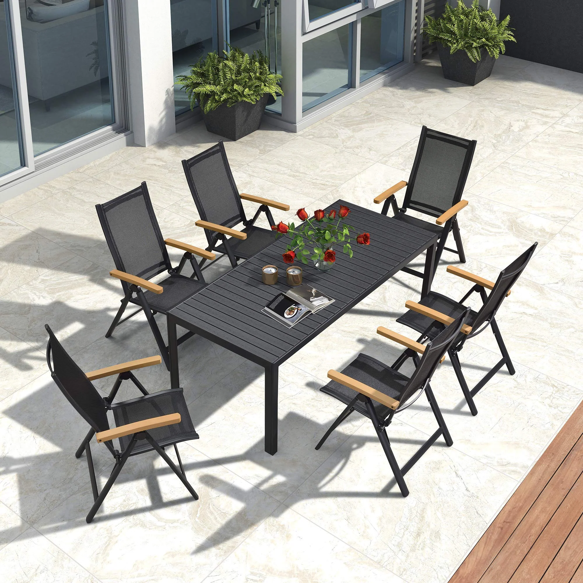 PURPLE LEAF Patio Dining Table with  Teak-Finish&Aluminum Frame for Backyard Kitchen - Image 33