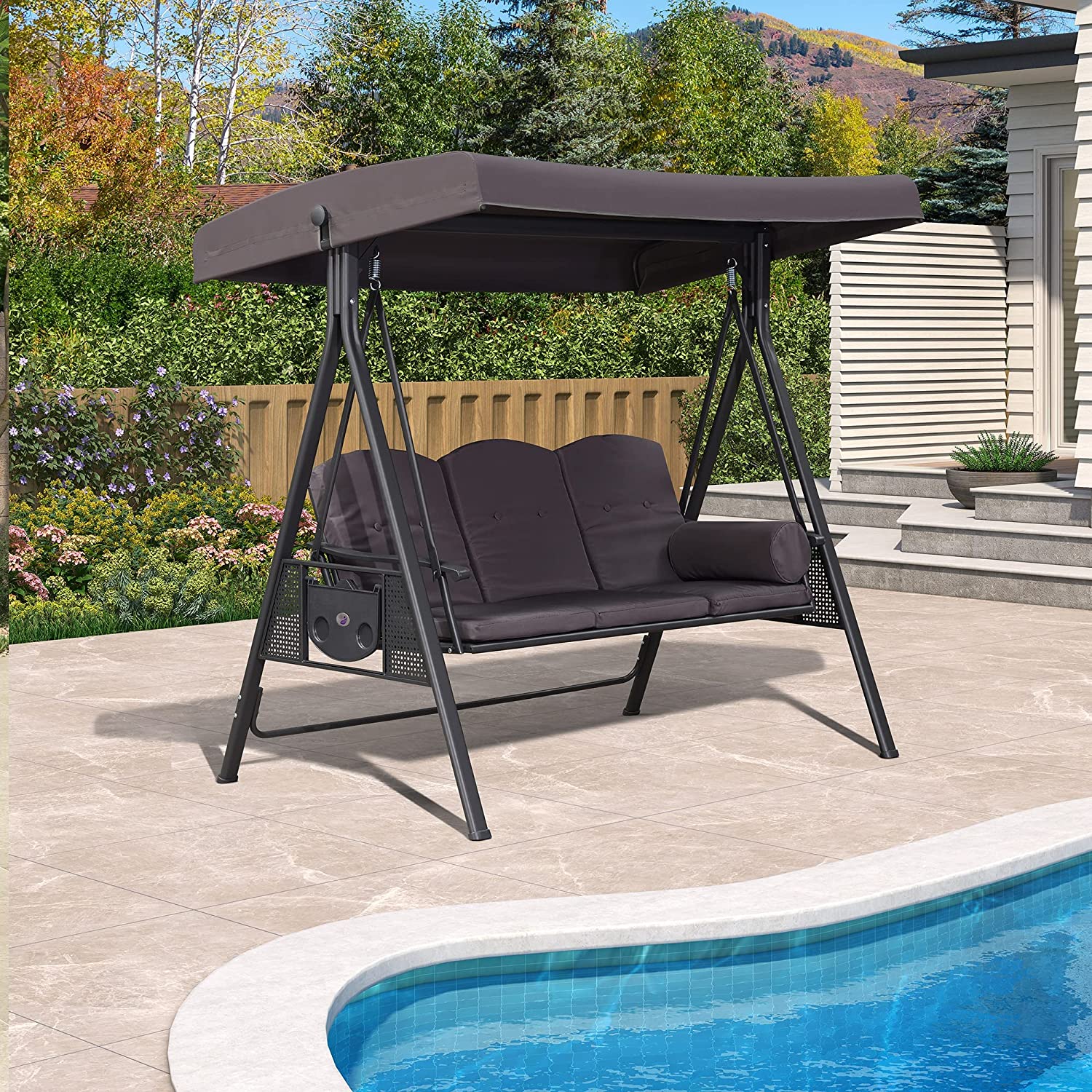 PURPLE LEAF Outdoor Swing Bench Bed Hammock With Adjustable Canopy, 2 Cup Holders, Grey Weather Resistant Steel Frame, Cushions and Pillow - Image 57