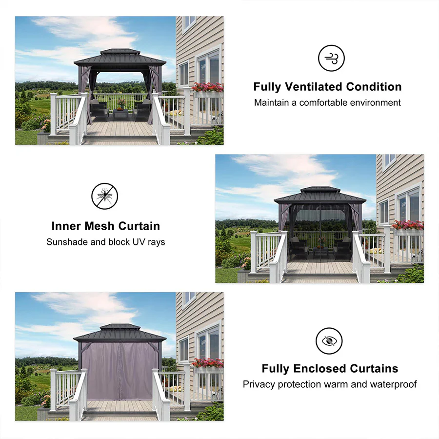 PURPLE LEAF Grey Hardtop Gazebo with Heavy Duty Galvanized Steel Double Roof with Netting and Curtains - Image 22