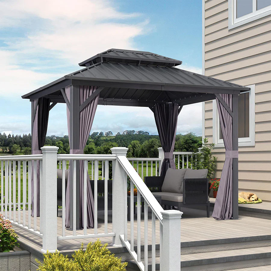 PURPLE LEAF Grey Hardtop Gazebo with Heavy Duty Galvanized Steel Double Roof with Netting and Curtains - Image 4