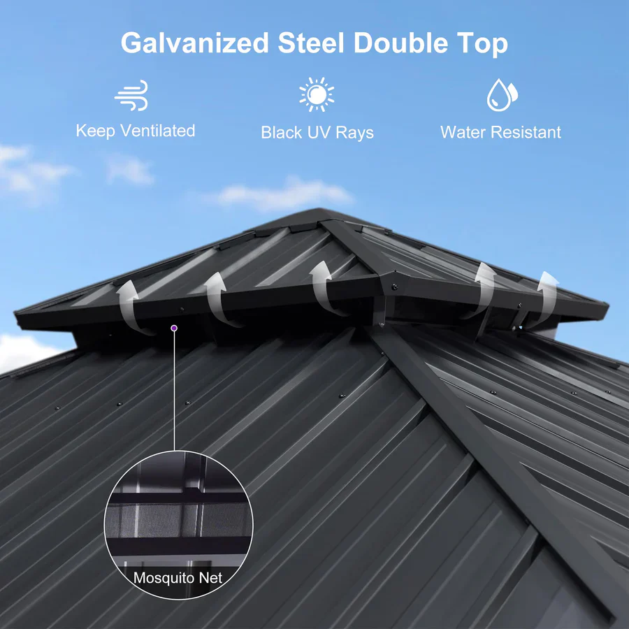 PURPLE LEAF Grey Hardtop Gazebo with Heavy Duty Galvanized Steel Double Roof with Netting and Curtains - Image 41