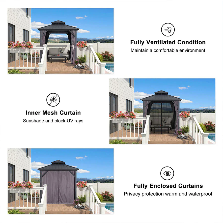 PURPLE LEAF Grey Hardtop Gazebo with Heavy Duty Galvanized Steel Double Roof with Netting and Curtains - Image 43