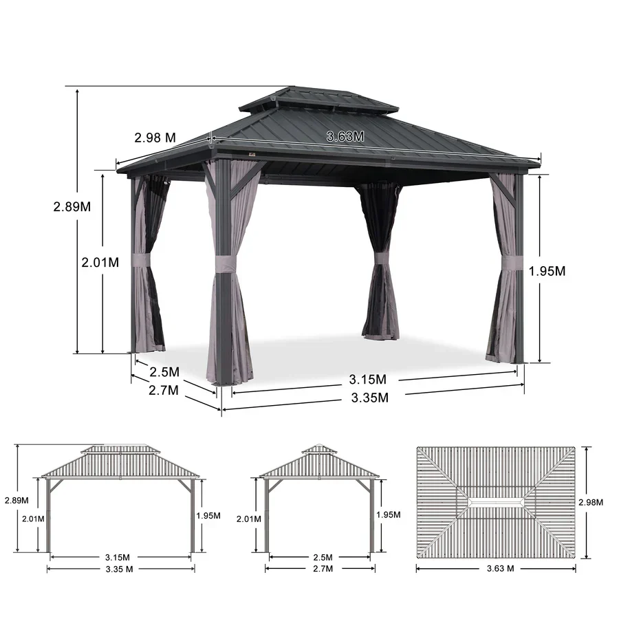 PURPLE LEAF Grey Hardtop Gazebo with Heavy Duty Galvanized Steel Double Roof with Netting and Curtains - Image 48