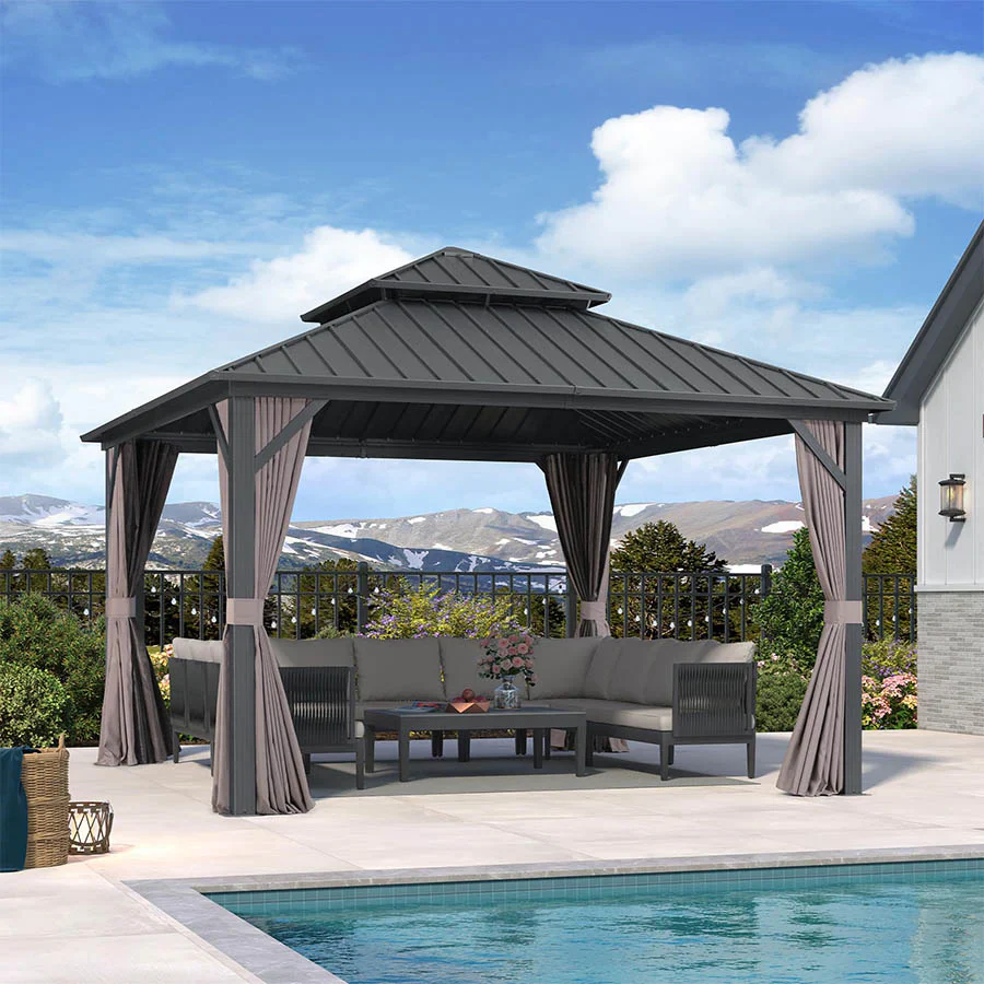 PURPLE LEAF Grey Hardtop Gazebo with Heavy Duty Galvanized Steel Double Roof with Netting and Curtains - Image 63