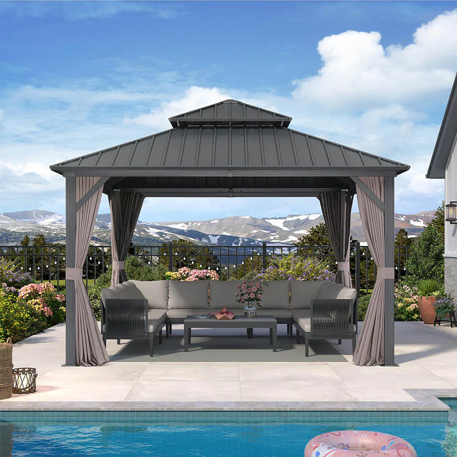 PURPLE LEAF Grey Hardtop Gazebo with Heavy Duty Galvanized Steel Double Roof with Netting and Curtains - Image 64