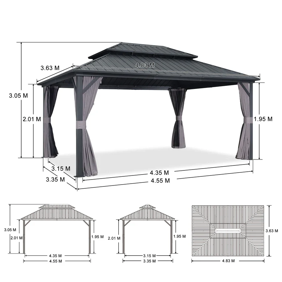 PURPLE LEAF Grey Hardtop Gazebo with Heavy Duty Galvanized Steel Double Roof with Netting and Curtains - Image 69