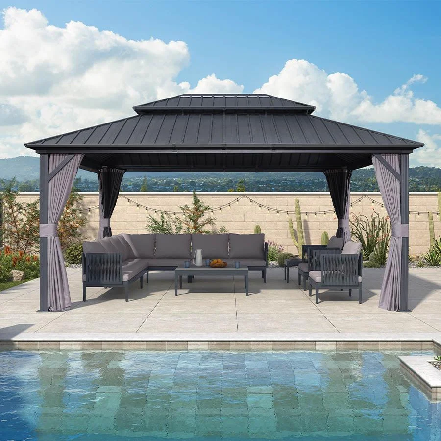 PURPLE LEAF Grey Hardtop Gazebo with Heavy Duty Galvanized Steel Double Roof with Netting and Curtains - Image 70
