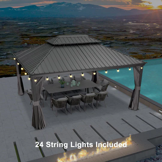 PURPLE LEAF Patio Gazebo for Backyard Grey Hardtop Galvanized Steel Roof Awning String Lights-milky - Image 16