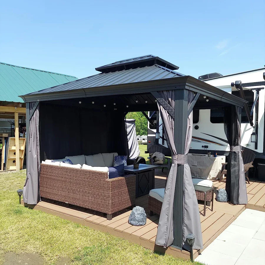 PURPLE LEAF Patio Gazebo for Backyard Grey Hardtop Galvanized Steel Roof Awning String Lights-milky - Image 25