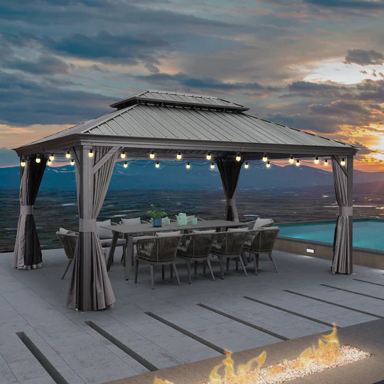PURPLE LEAF Patio Gazebo for Backyard Grey Hardtop Galvanized Steel Roof Awning String Lights-milky - Image 5