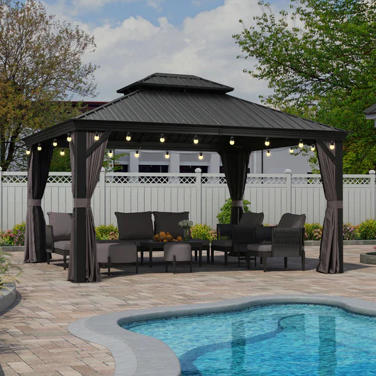 PURPLE LEAF Patio Gazebo for Backyard Grey Hardtop Galvanized Steel Roof Awning String Lights-milky - Image 6