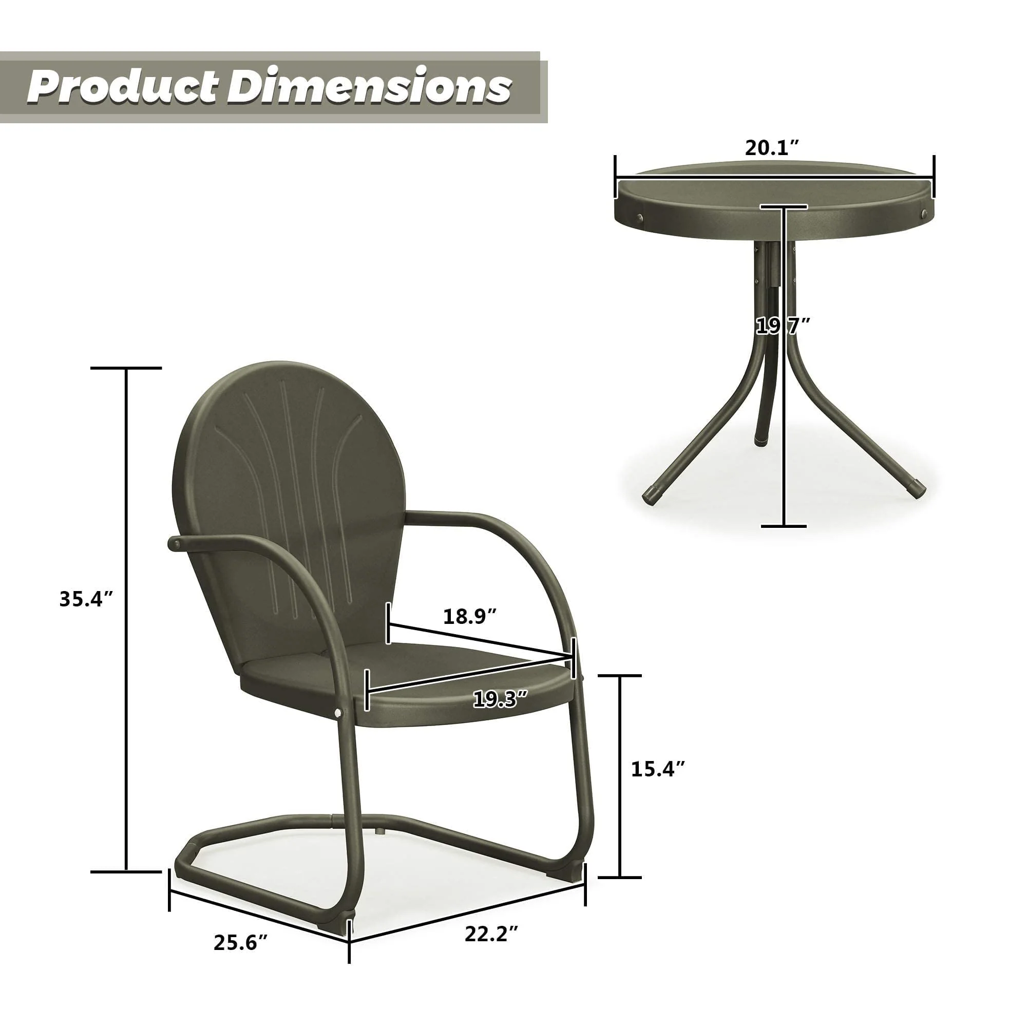 PURPLE LEAF Outdoor Patio Bistro Set, 3 Pieces Retro Porch Furniture Set 2 C-Spring Metal Outdoor Chairs and Round Side Table, Grey - Image 23