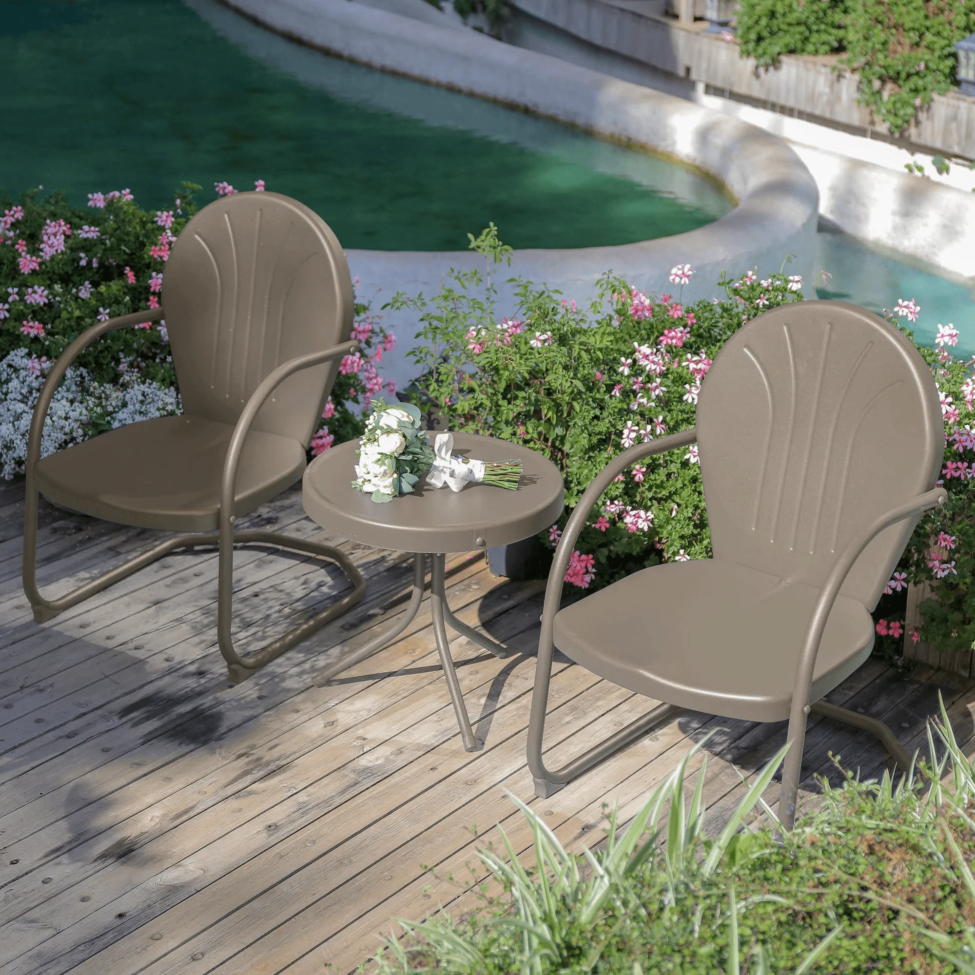 PURPLE LEAF Outdoor Patio Bistro Set, 3 Pieces Retro Porch Furniture Set 2 C-Spring Metal Outdoor Chairs and Round Side Table, Grey - Image 4