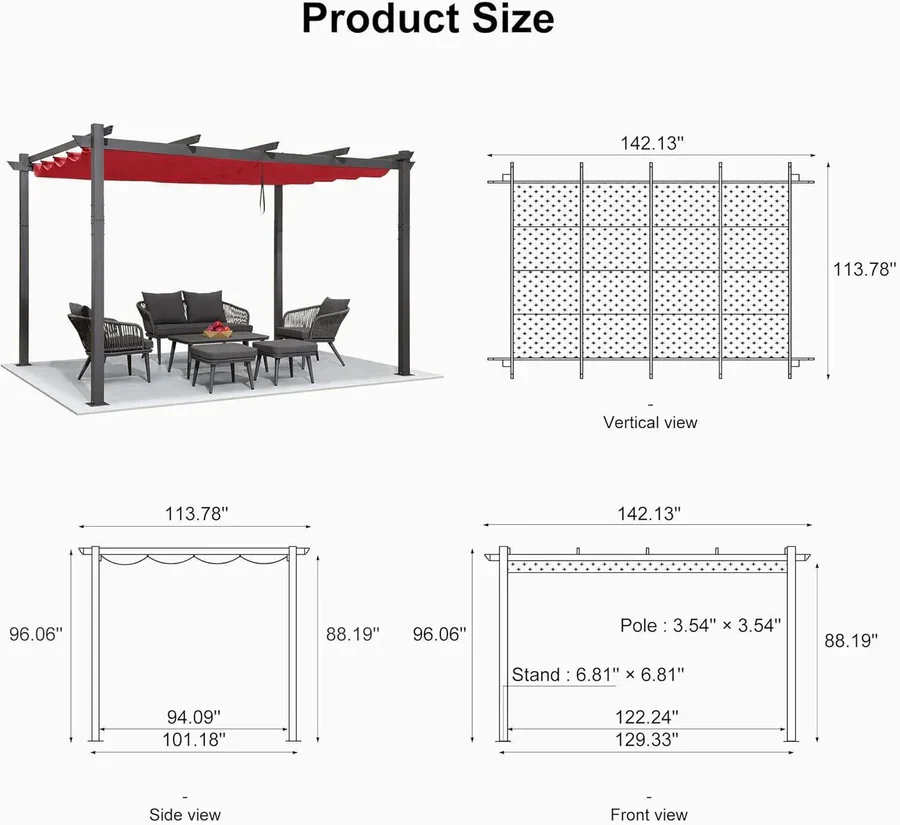 PURPLE LEAF Outdoor Retractable Pergola Patio Shelter Classical Pavilion Grill Gazebo - Image 157