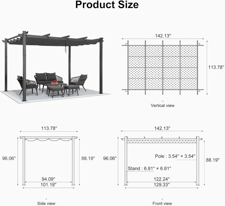 PURPLE LEAF Outdoor Retractable Pergola Patio Shelter Classical Pavilion Grill Gazebo - Image 159