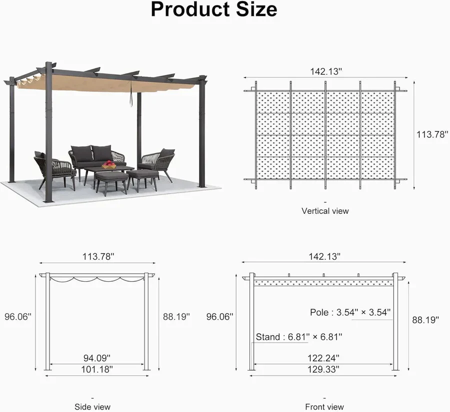 PURPLE LEAF Outdoor Retractable Pergola Patio Shelter Classical Pavilion Grill Gazebo - Image 160