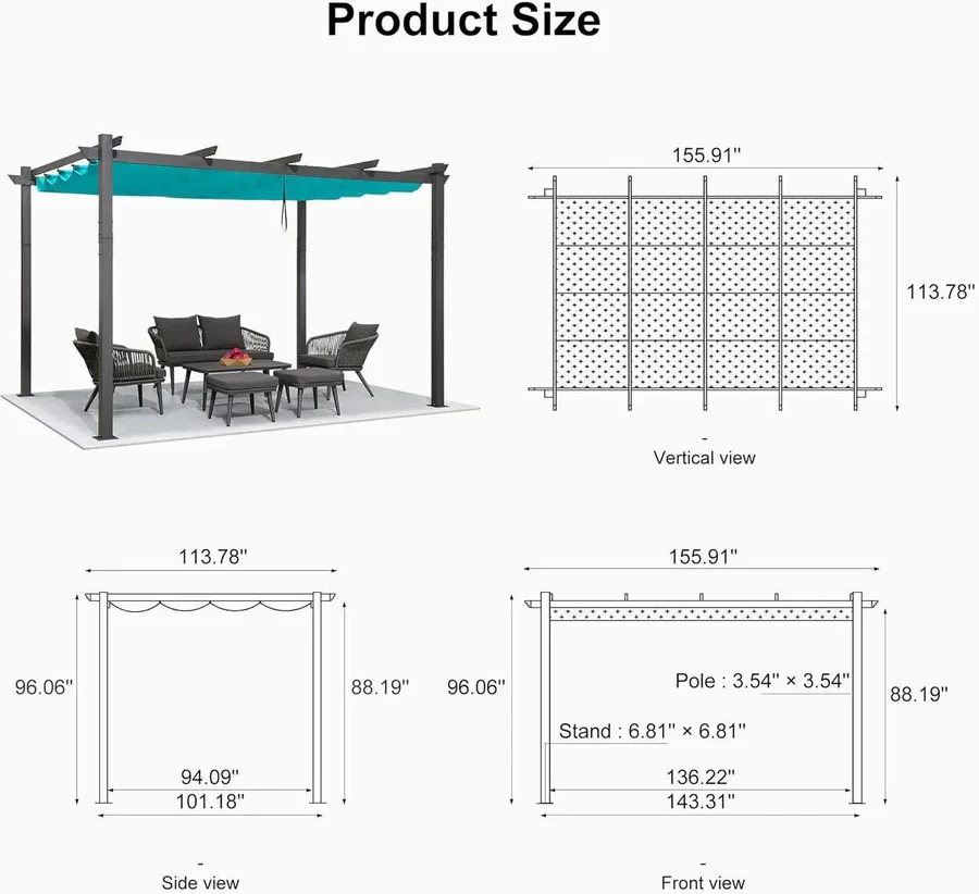PURPLE LEAF Outdoor Retractable Pergola Patio Shelter Classical Pavilion Grill Gazebo - Image 161