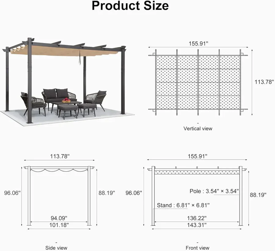 PURPLE LEAF Outdoor Retractable Pergola Patio Shelter Classical Pavilion Grill Gazebo - Image 163