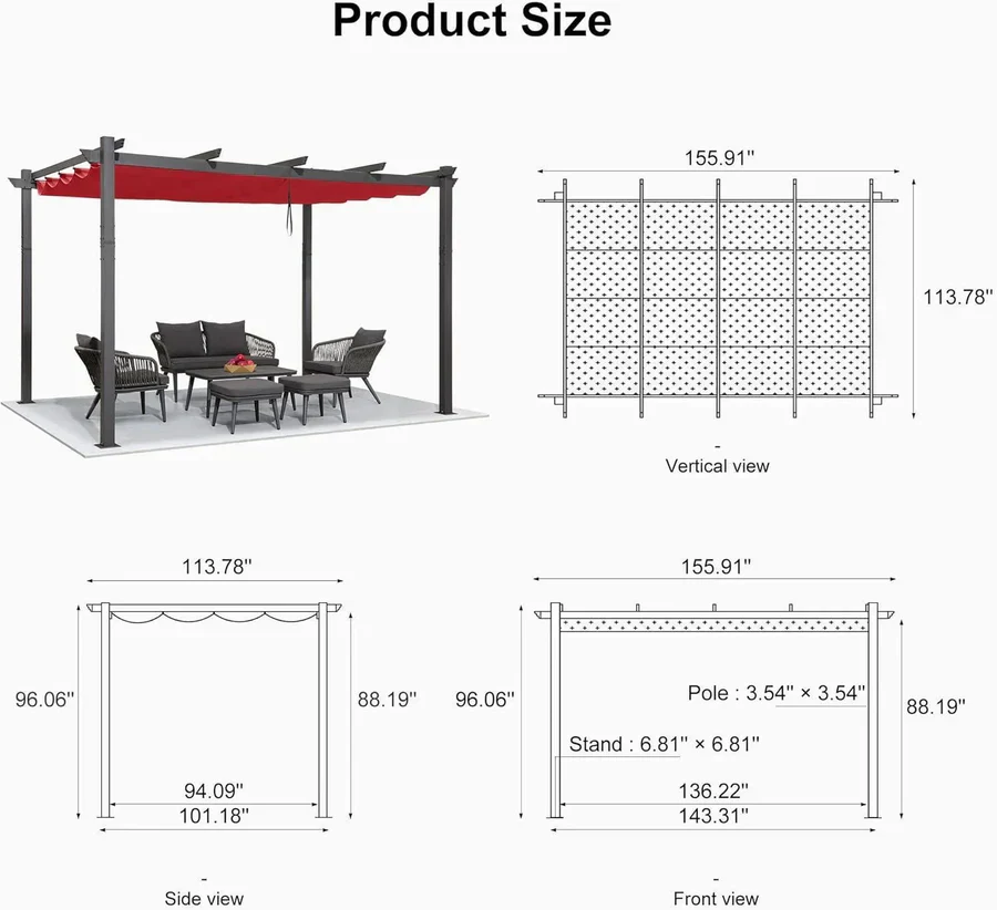 PURPLE LEAF Outdoor Retractable Pergola Patio Shelter Classical Pavilion Grill Gazebo - Image 164