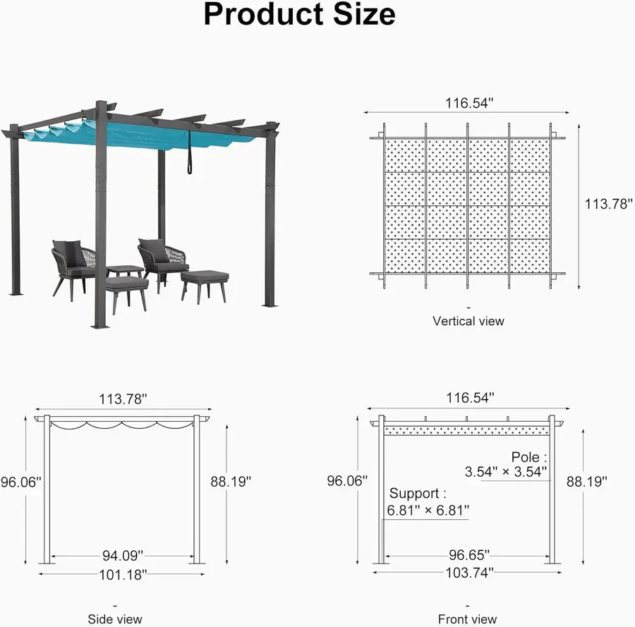 PURPLE LEAF Outdoor Retractable Pergola Patio Shelter Classical Pavilion Grill Gazebo - Image 165