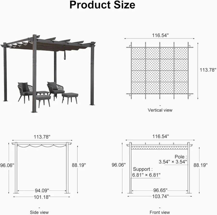 PURPLE LEAF Outdoor Retractable Pergola Patio Shelter Classical Pavilion Grill Gazebo - Image 166
