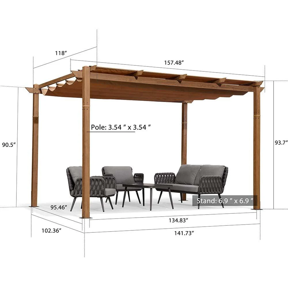 PURPLE LEAF Outdoor Retractable Pergola Natural Wood Grain Frame Grill Gazebo - Image 14