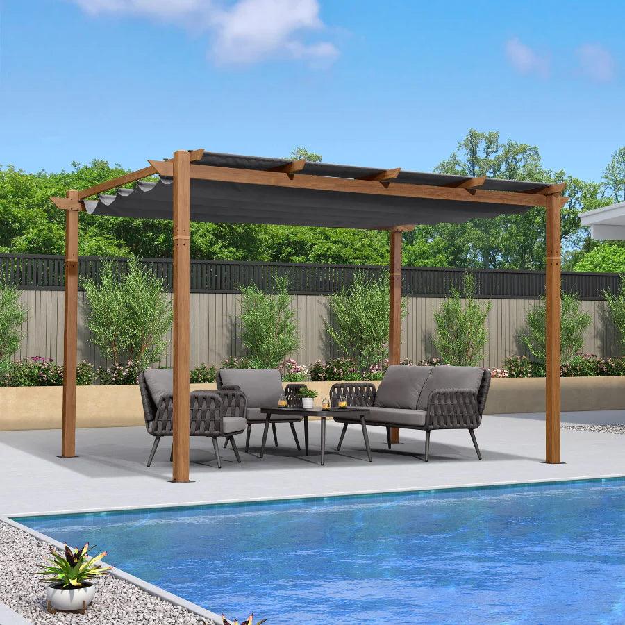 PURPLE LEAF Outdoor Retractable Pergola Natural Wood Grain Frame Grill Gazebo - Image 22