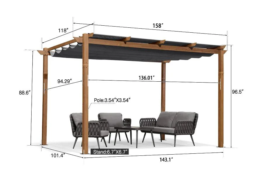 PURPLE LEAF Outdoor Retractable Pergola Natural Wood Grain Frame Grill Gazebo - Image 23