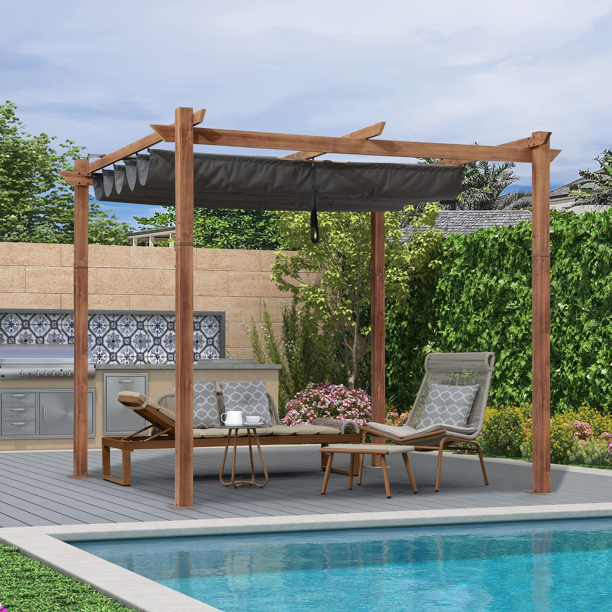 PURPLE LEAF Outdoor Retractable Pergola Natural Wood Grain Frame Grill Gazebo - Image 26