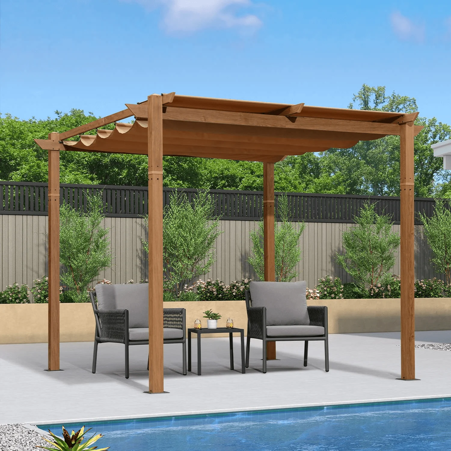 PURPLE LEAF Outdoor Retractable Pergola Natural Wood Grain Frame Grill Gazebo - Image 3